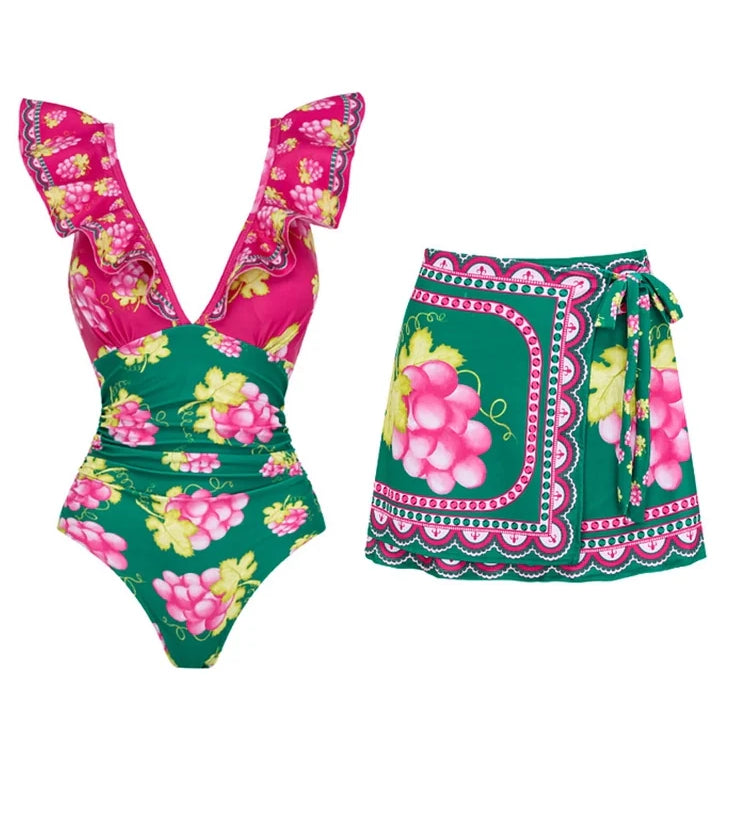 Ruffled Ruched One-Piece Short skirt Set