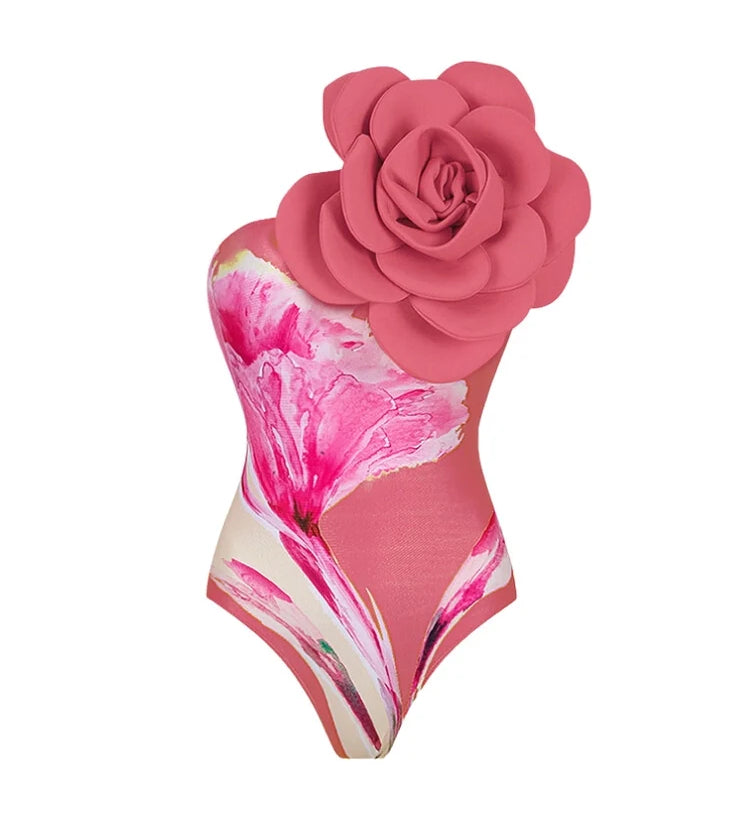 3D Floral Pink Print Swimsuit Set