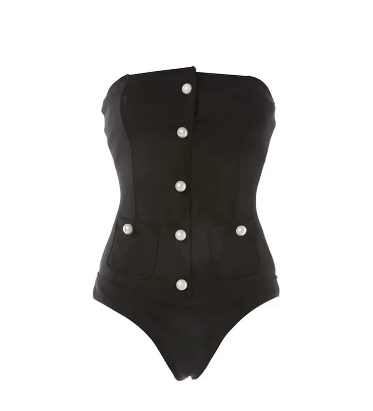 Chic Pearl Button Strapless Swimsuit