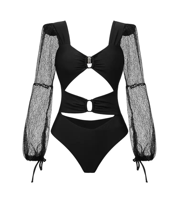 Long Sleeve Sheer Mesh Cutout Swimsuit