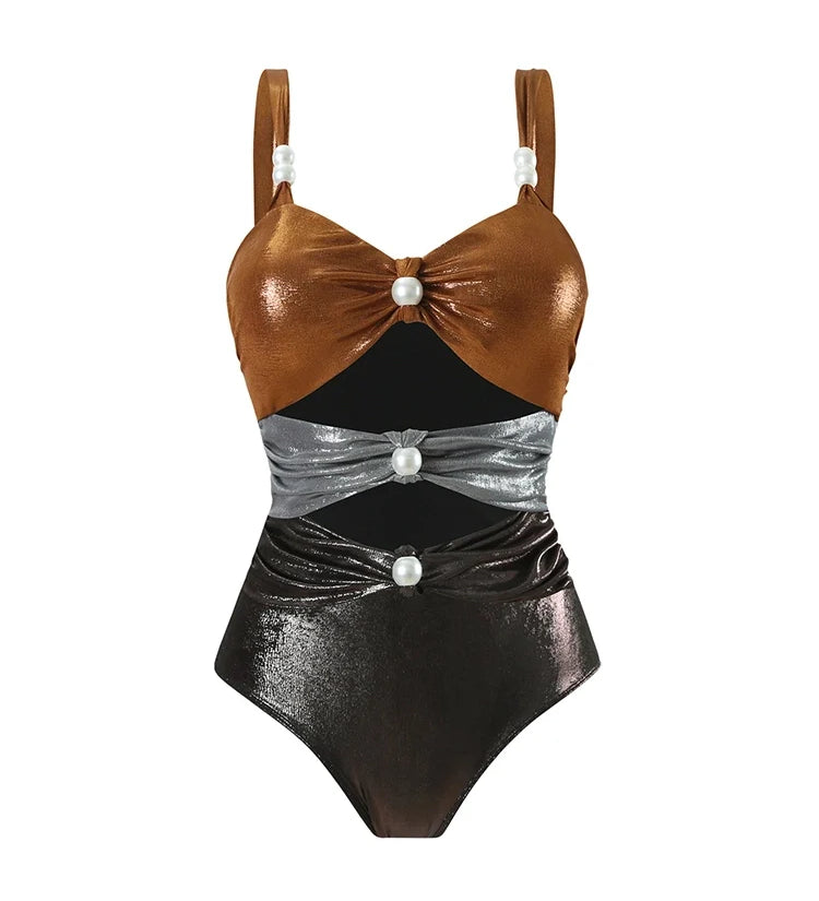 Pearl Cutout Swimsuit with Wrap Skirt Set