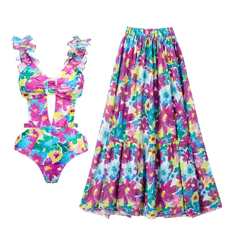 One Piece Print Cutout Swimsuit Set