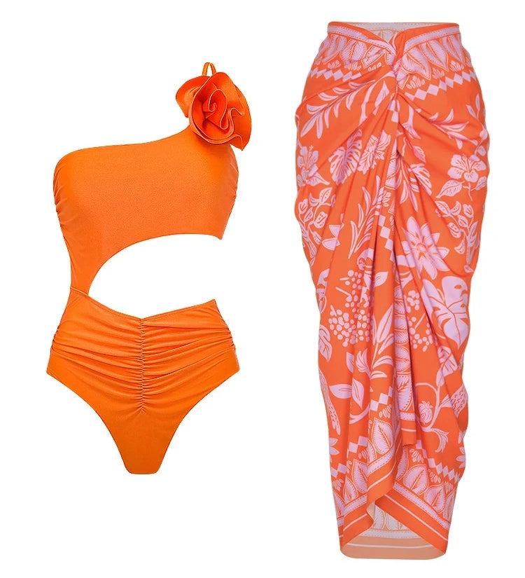 3D Floral Glossy Solid Swimsuit Set