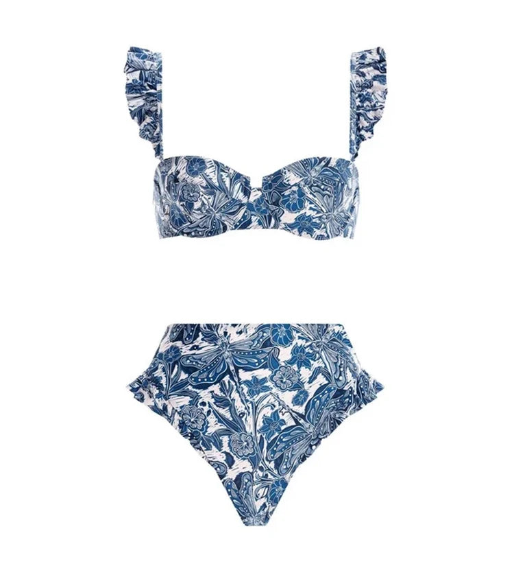 Blue Dragonfly Print Ruffle Bikini Set