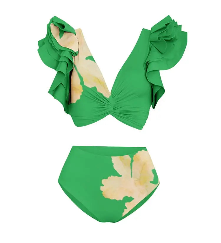 Ruffled Stitch Detail Floral Bikini Set