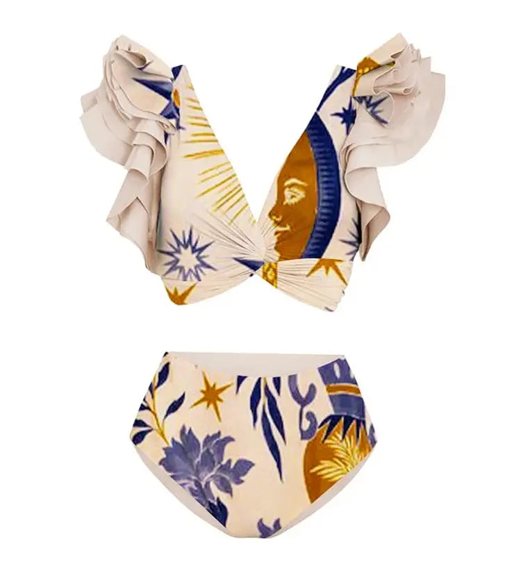 Ruffled Ethnic Print Bikini Set for Women
