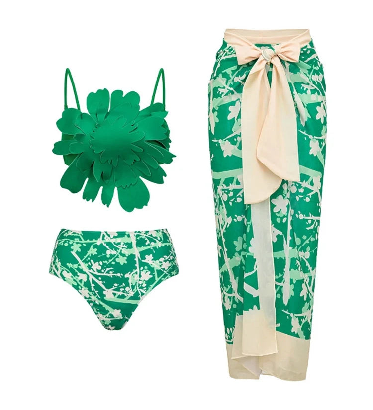 Floral Accent Green Printed Bikini Set