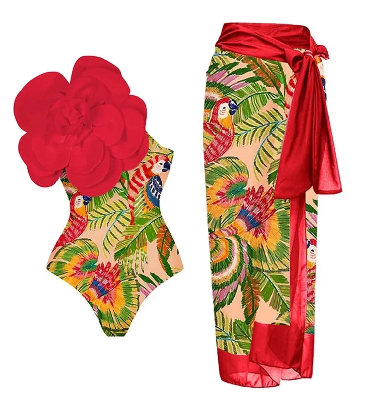 3D Red Floral Embellished One-Piece Swimsuit