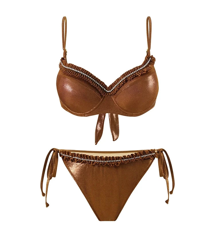 Ruched Tie Brown Glossy Bikini Set