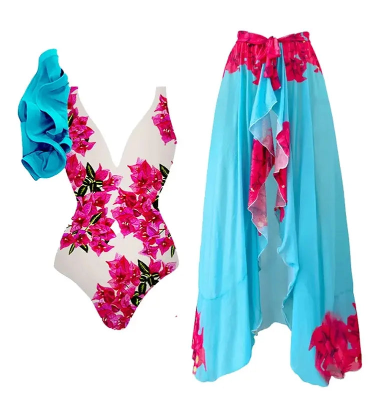 Floral Ruffle One Piece Swimwear Set