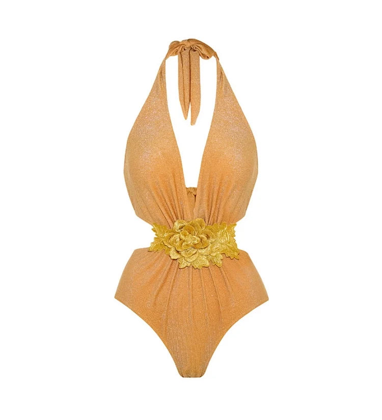 Golden Halter Deep V One-Piece Swimsuit