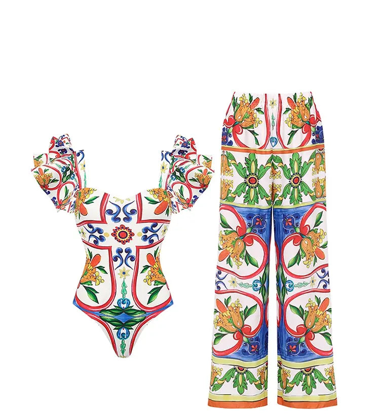 Ruffle Enamel Floral Print Swimsuit Set