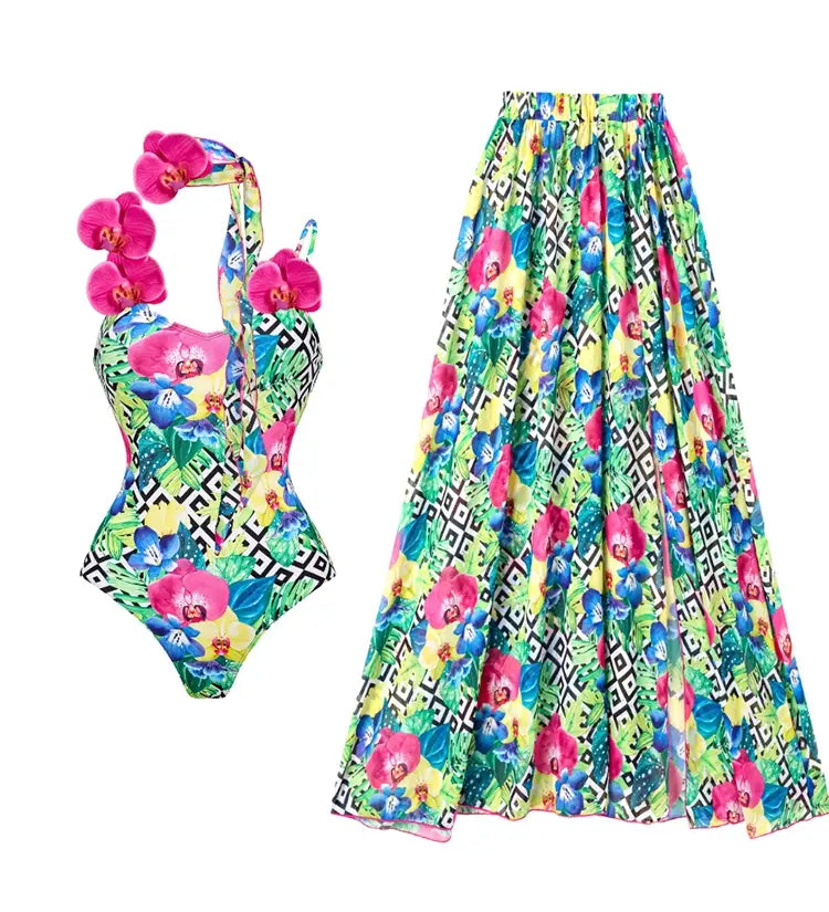 Orchid Strap Print Spaghetti Swimsuit Set