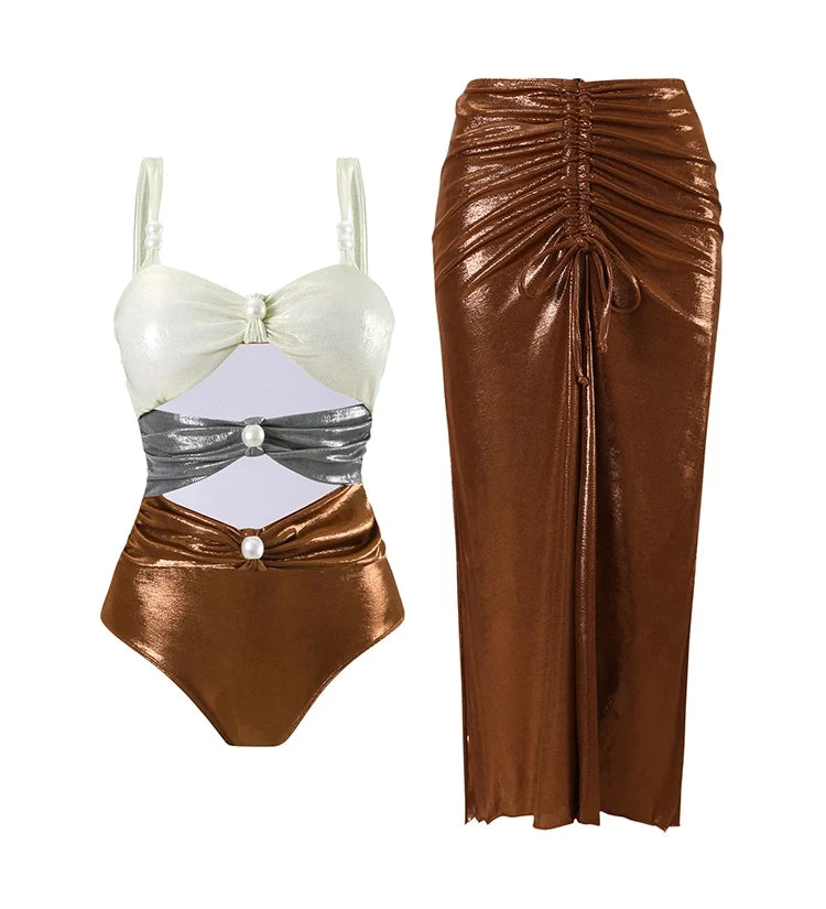 Pearl Cutout Glossy Colorblock Swimsuit Set