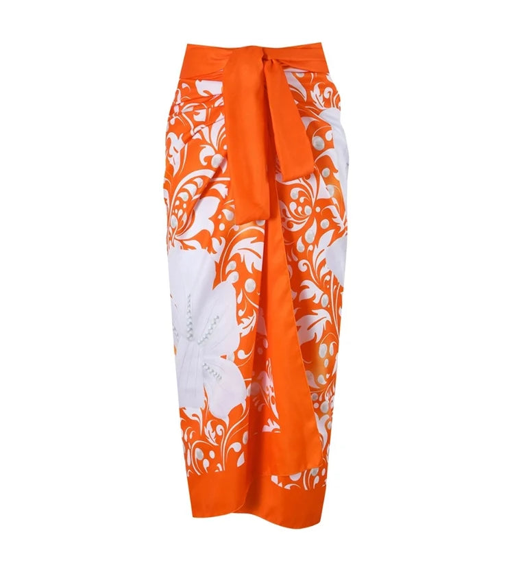 Orange Swimsuit Set Pearl Flower Detail