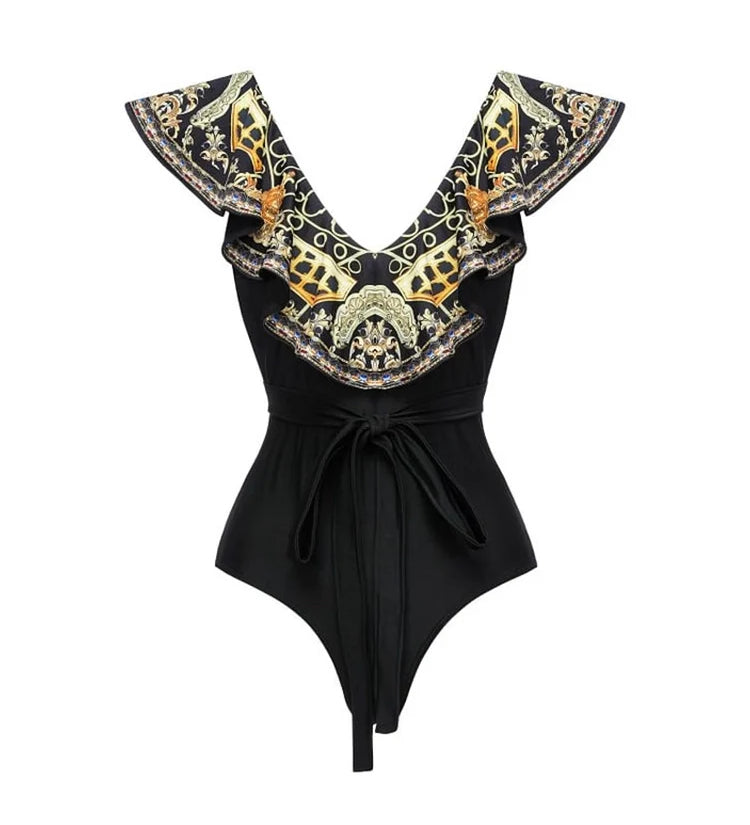 Black Gold Print Ruffle Tie Swimsuit Set