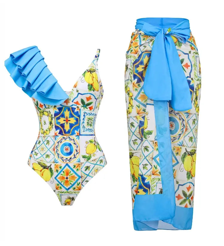 Lemon Print Backless One Piece Swimsuit Set