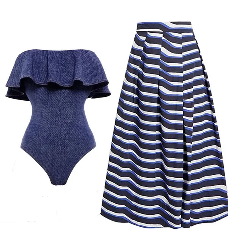 Denim Bandeau One Piece Swimsuit Set