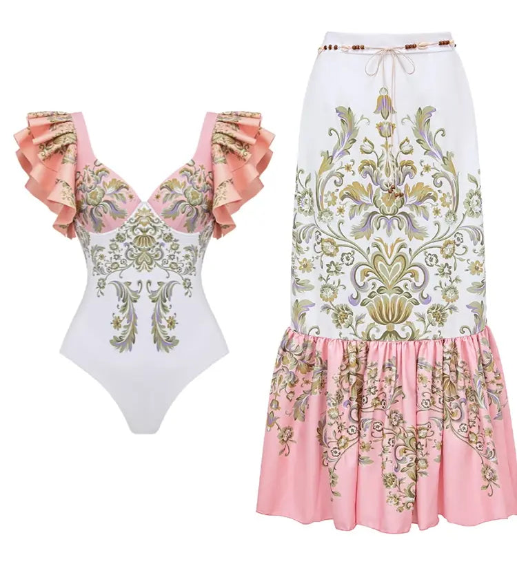 V Neck Ruffle Patchwork Ethnic Print Swimsuit