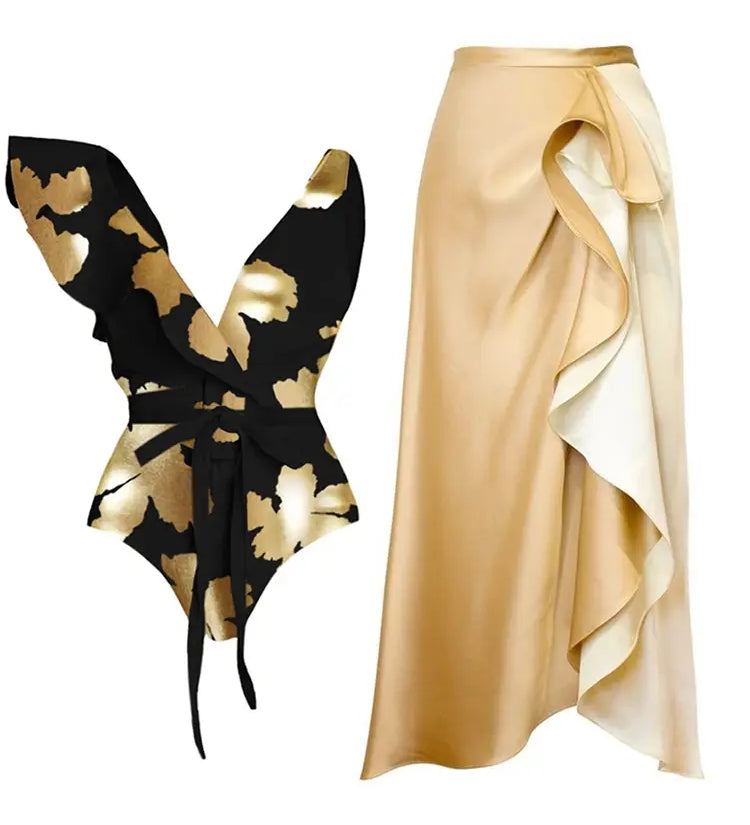 Foil Print Deep V Ruffle One Piece Swimsuit