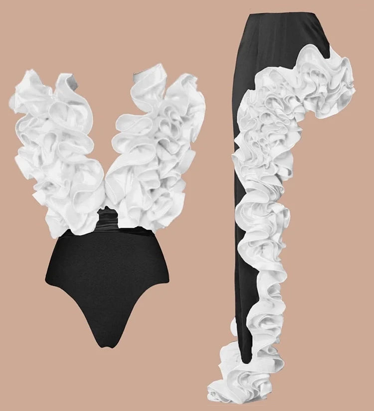Ruffled V-Neck Mixed Colors Swimsuit Set