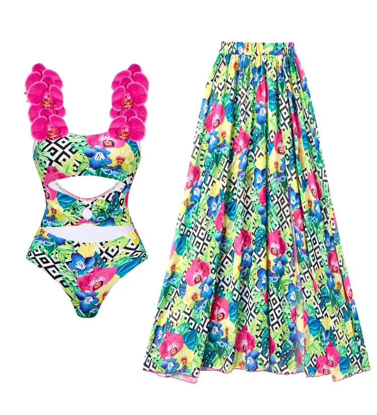Orchid Strap Print Spaghetti Swimsuit Set