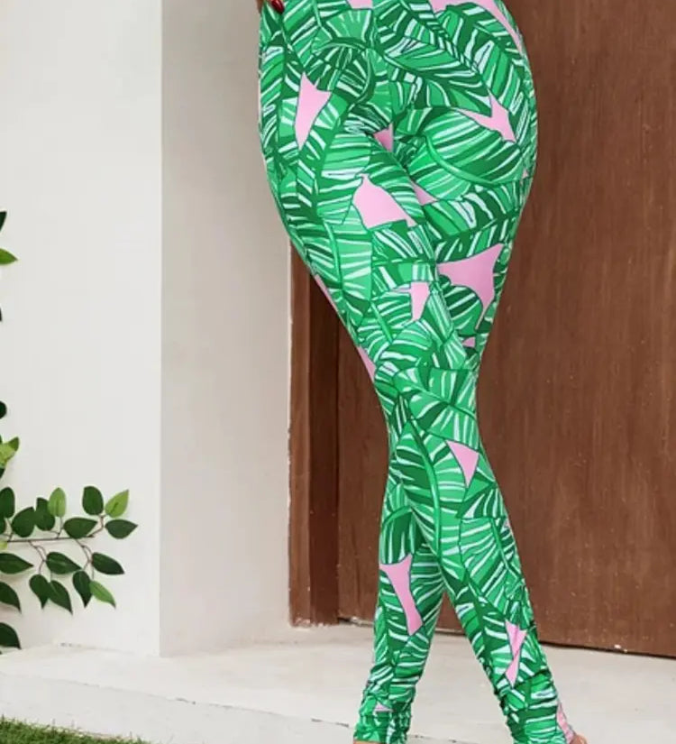 Green Zip Long Sleeve Printed Surf Swimsuit Set
