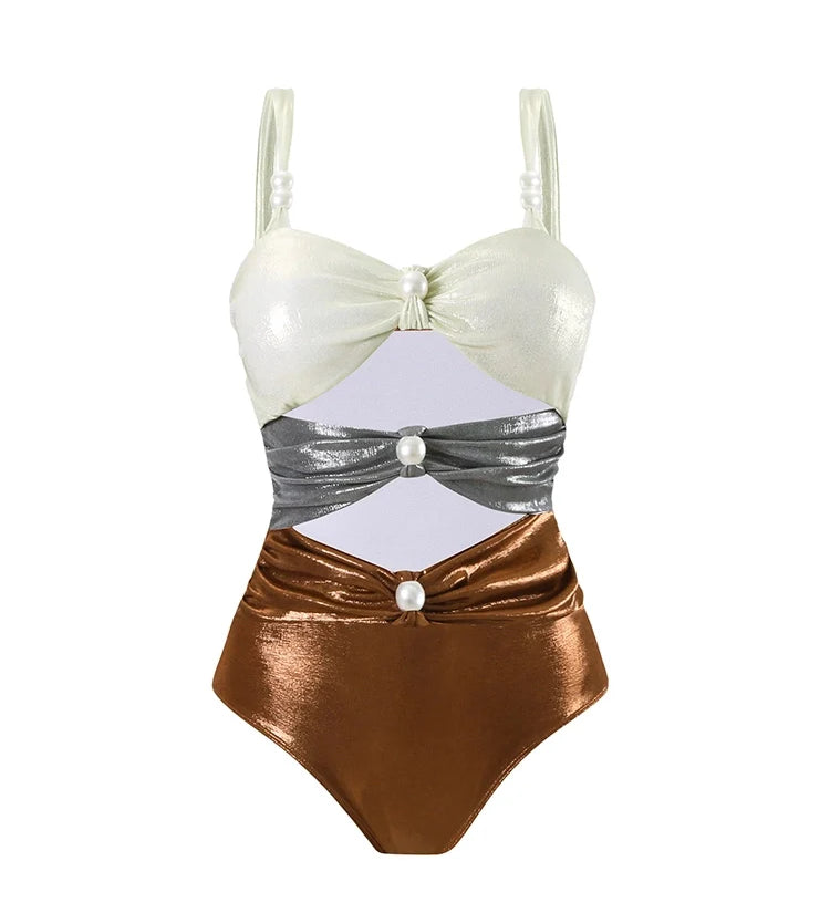 Pearl Cutout Glossy Colorblock Swimsuit Set