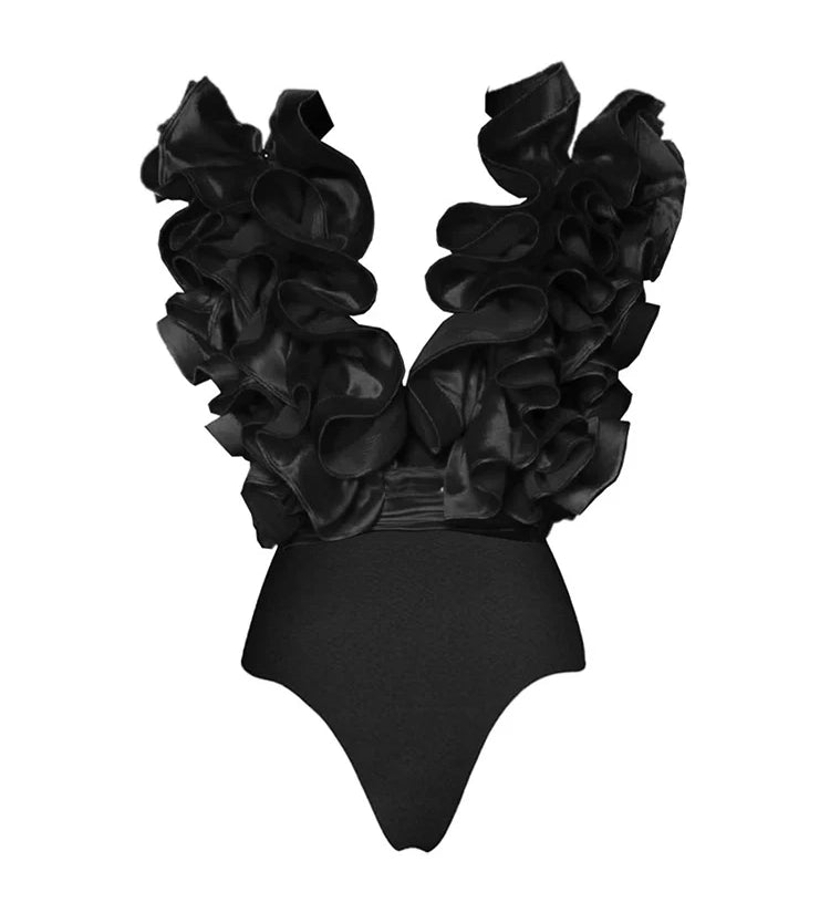Ruffle V-Neck Black Swimsuit