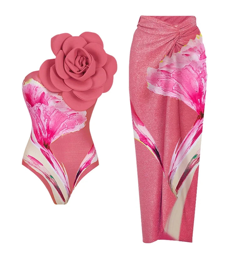 3D Floral Pink Print Swimsuit Set
