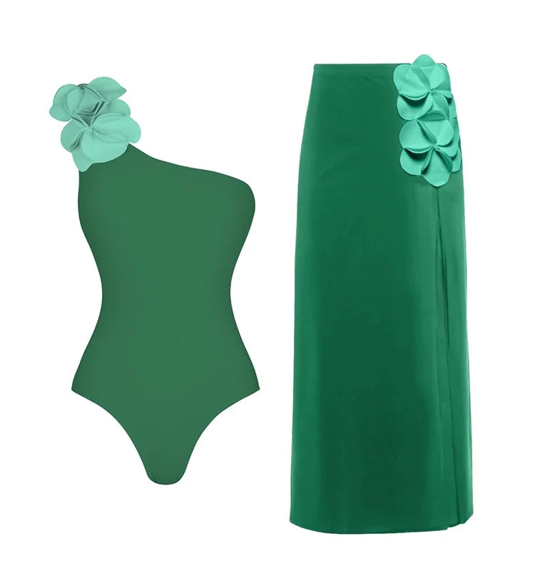 Green One-Shoulder 3D Floral Swimsuit
