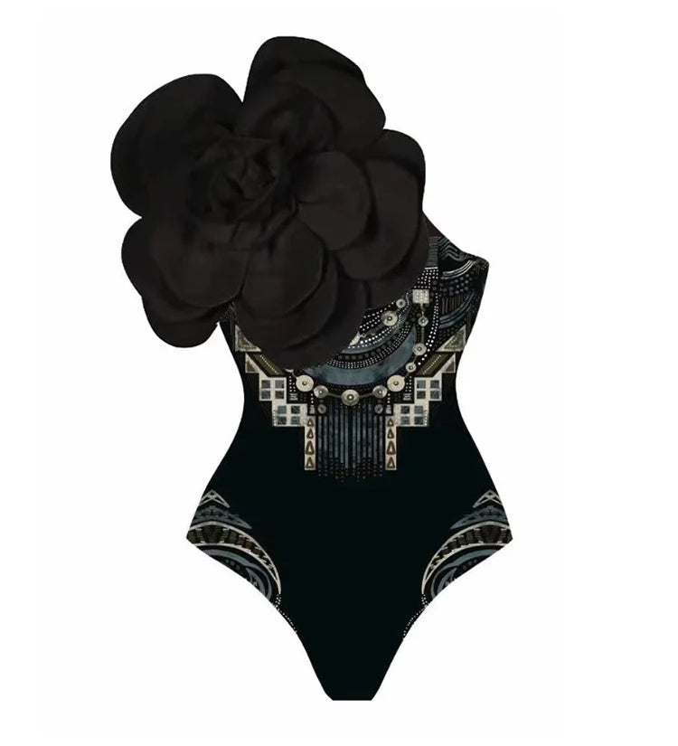 Floral Print One-Piece with 3D Black Flower