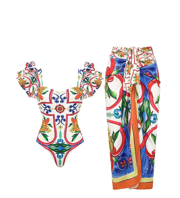 Ruffle Enamel Floral Print Swimsuit Set