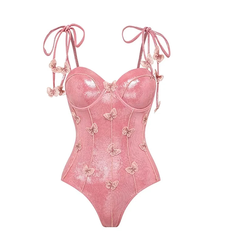 Pink Glossy One-Piece with 3D Butterfly