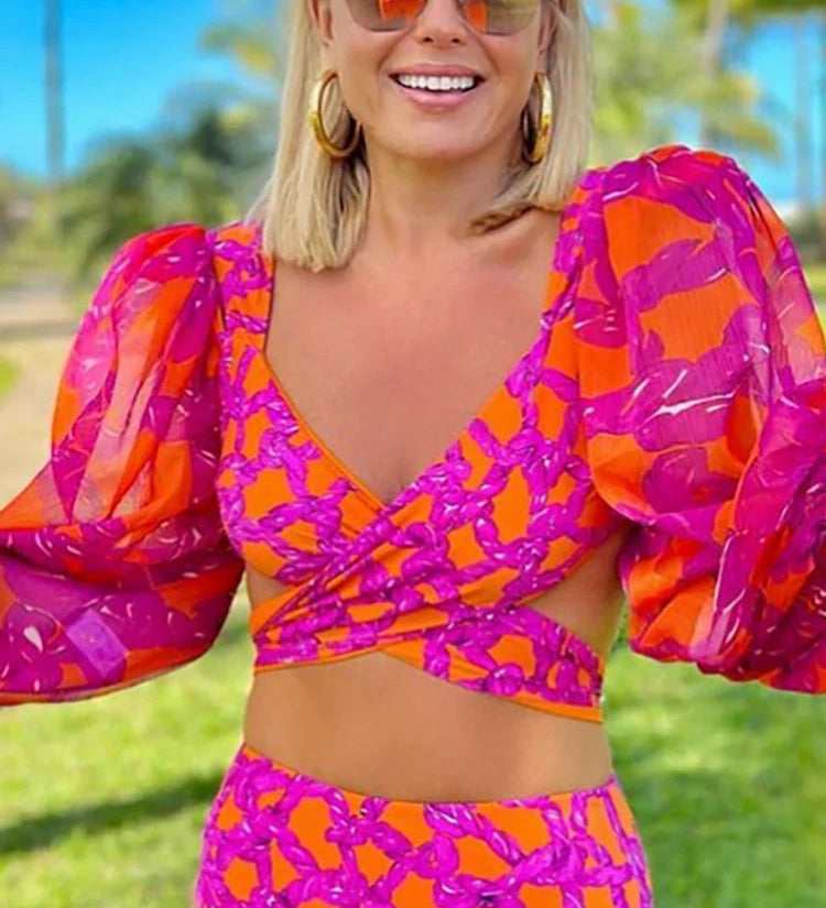 Long-Sleeve Tie-Up Printed Swimsuit Set