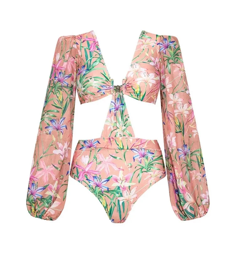 Mesh Patchwork Printed Long Sleeve Swimsuit
