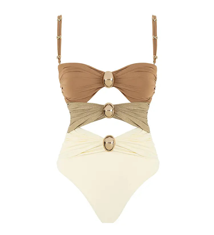 Morandi Colorblock High-Waist Hot Spring Swimsuit Set
