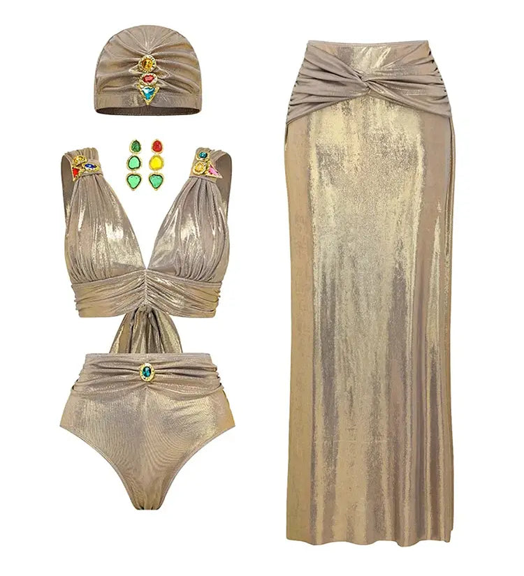 Rhinestone Ruched High-Waist Bikini Set