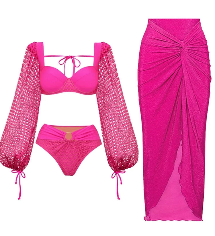 Fluorescent Pink Backless Swimsuit Set