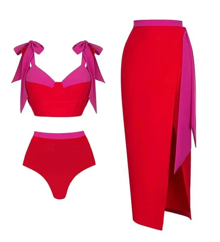 Colorblock Bow Tie Bikini Swimsuit Set