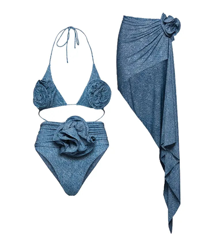 3D Floral Halter Sexy Bikini Set