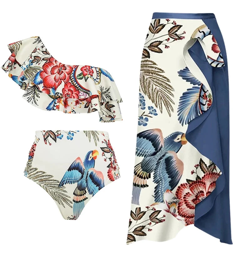 Tropical Toucan Ruffle One-Shoulder Bikini