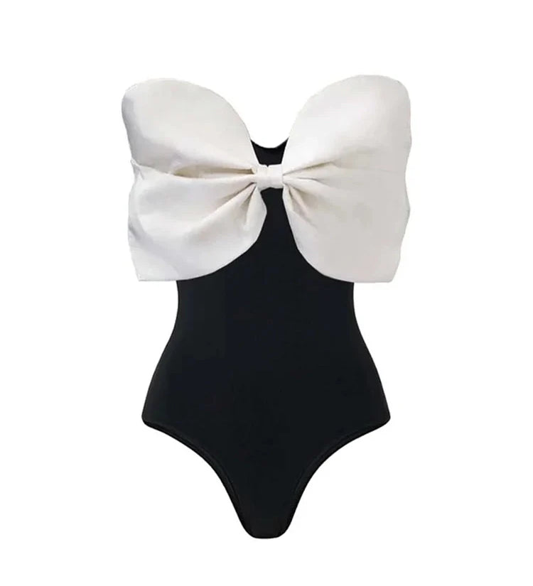 Black and White Bow One Piece Swimsuit Set