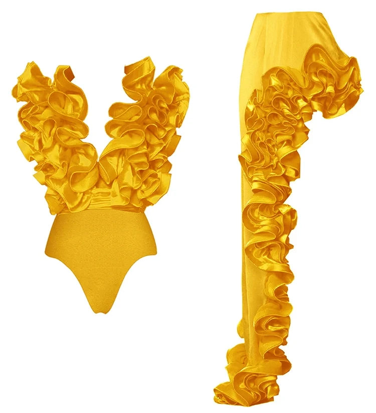 Ruffled V-Neck Yellow Swimsuit