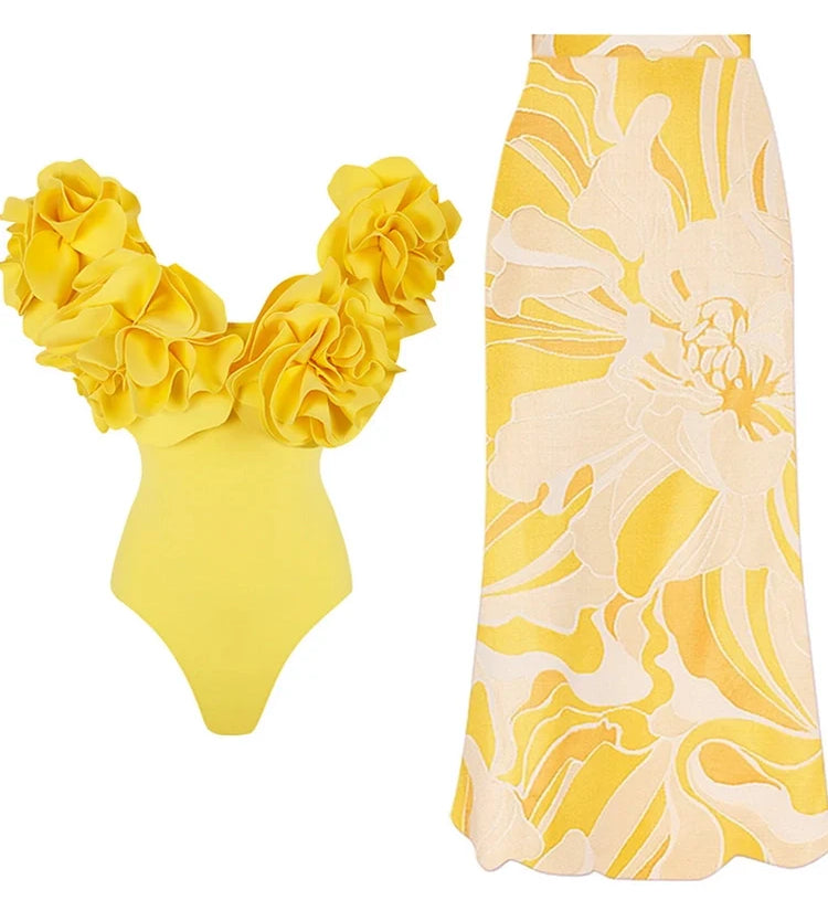 3D Floral Strapless Solid One-Piece Swimsuit