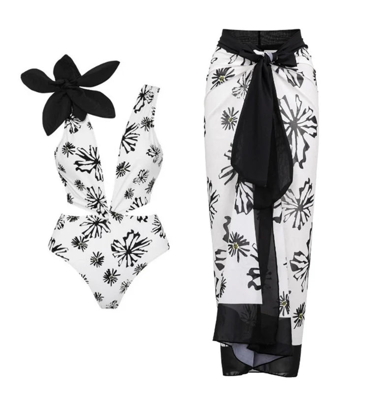 Floral Appliqué Printed White One-Piece Swimsuit