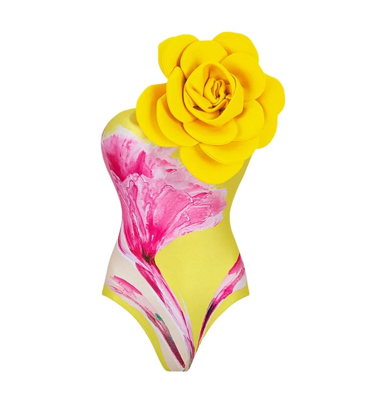 Floral Print Swimsuit with 3D Flower Detail
