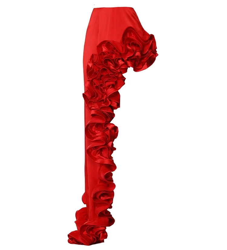 Ruffled V-Neck Red Asymmetrical Swimsuit Set