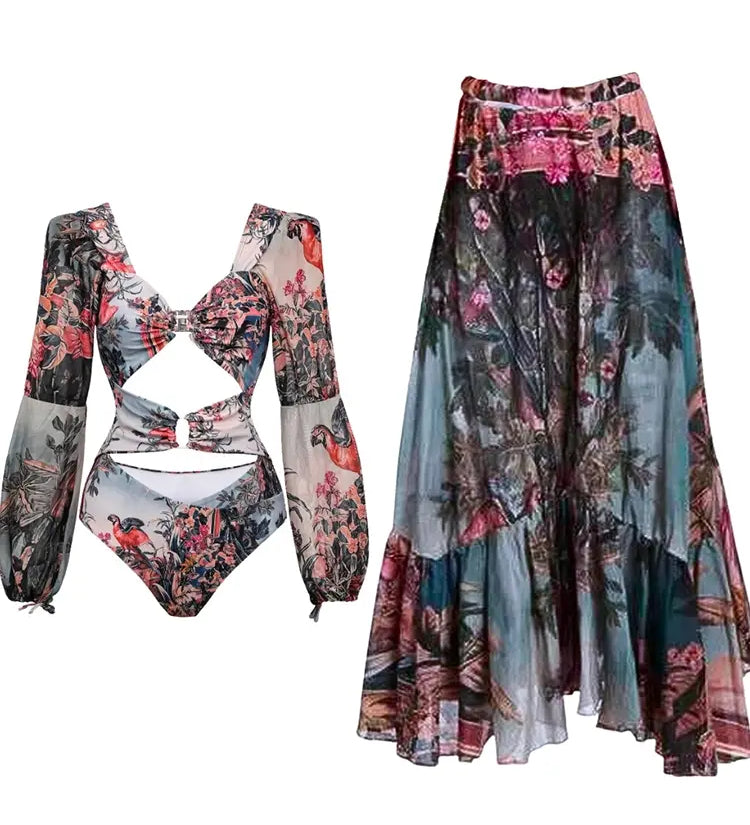 Vintage Print Cutout Swimsuit with Long Sleeves