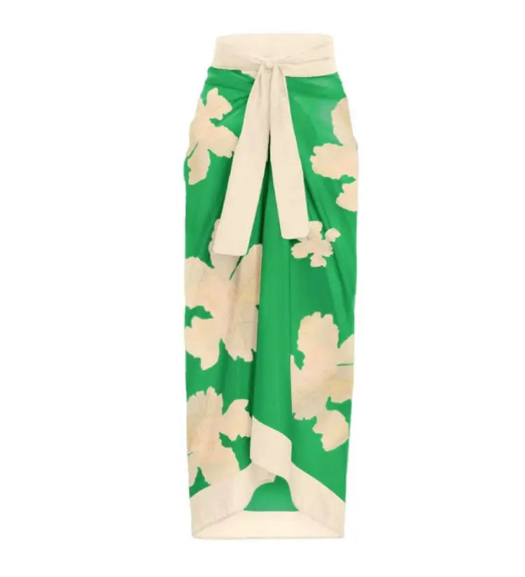 Belted Printed Swimsuits with Wrap Skirt Set